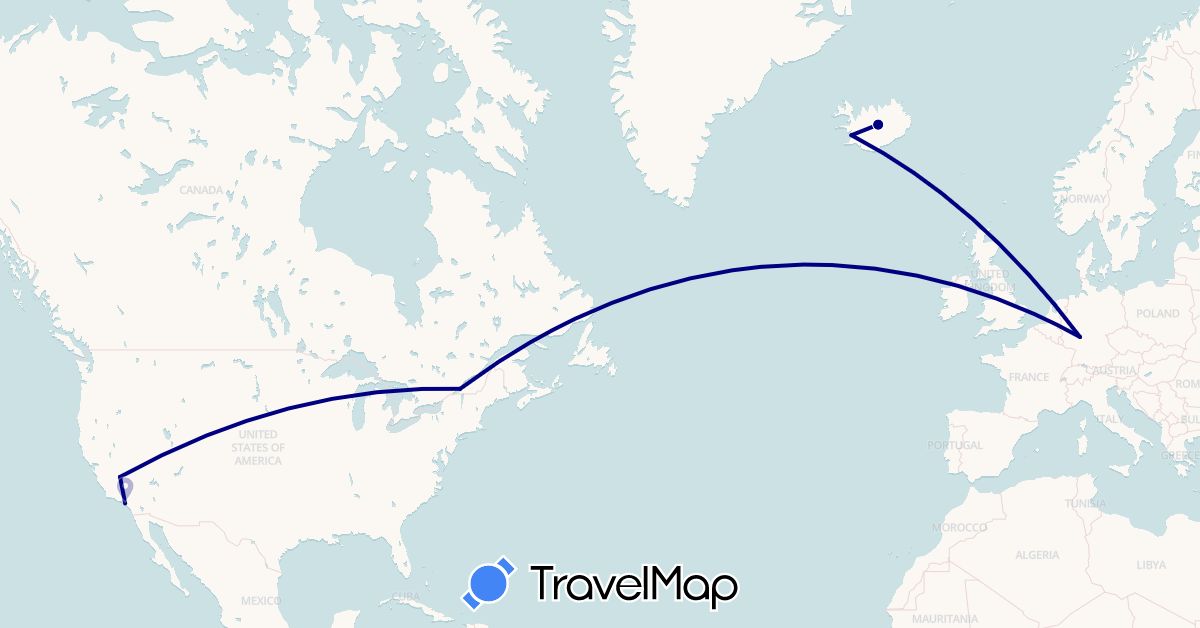 TravelMap itinerary: driving in Canada, Germany, Iceland, United States (Europe, North America)